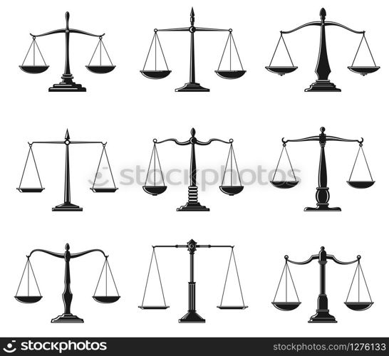 Scales of justice symbols of law balance vector design. Isolated icons of Lady Justice equal balance scales, weight measure instrument of law and order and legal protection themes. Scales of justice and law balance symbols