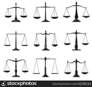 Scales of justice symbols of law balance vector design. Isolated icons of Lady Justice equal balance scales, weight measure instrument of law and order and legal protection themes. Scales of justice and law balance symbols