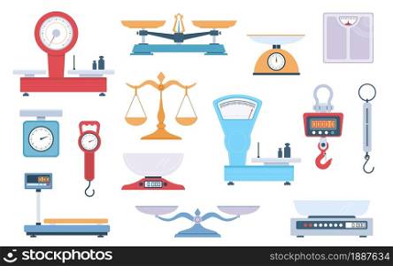 Scales types. Different scales variants, weighing balance, cartoon flat style, cargo and grocery, fitness and pharmacy, electronic and analog, vector cartoon flat style isolated measuring devices set. Scales types. Different scales variants, weighing balance, cartoon flat style, cargo and grocery, fitness and pharmacy, electronic and analog, vector cartoon isolated measuring devices set