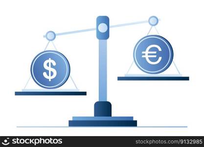 Scales with dollar coin and euro coin, currency stock market concept, exchange market. Isolated on white background, trendy style vector illustration.