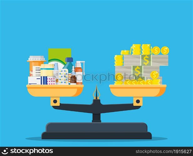 Scales with Medicine bottle, pills and money. Healthcare expenses with balance scales concept. Vector illustration in flat style. Scales with Medicine bottle, pills and money