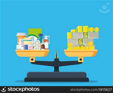 Scales with Medicine bottle, pills and money. Healthcare expenses with balance scales concept. Vector illustration in flat style. Scales with Medicine bottle, pills and money
