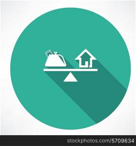 Scales with money and house icon. Flat modern style vector illustration