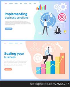 Scaling business and interpreting solution for company vector. Workers with aim targets male achieving success charts and diagrams, implementing decisions. Webpage template, landing page in flat style. Scaling Business and Implementing Working Solution