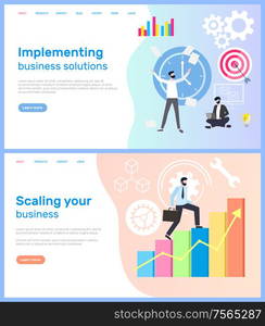 Scaling business and interpreting solution for company vector. Workers with aim targets male achieving success charts and diagrams, implementing decisions. Webpage template, landing page in flat style. Scaling Business and Implementing Working Solution