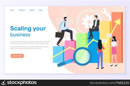 Scaling business, graphic or chart and entrepreneurs. Statistics and analytics, businessman and businesswoman, magnifier and economic growth. Website or webpage template, landing page in flat style. Scaling Business, Graphic or Chart, Entrepreneurs