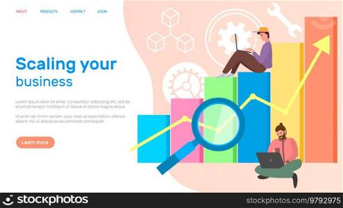 Scaling business, graphic or chart and entrepreneurs. Statistics and analytics, businessmen, magnifier and economic growth. Website for business, statistical data analysis landing page template. Website for statistical data analysis landing page template. Scaling business, graphic or chart