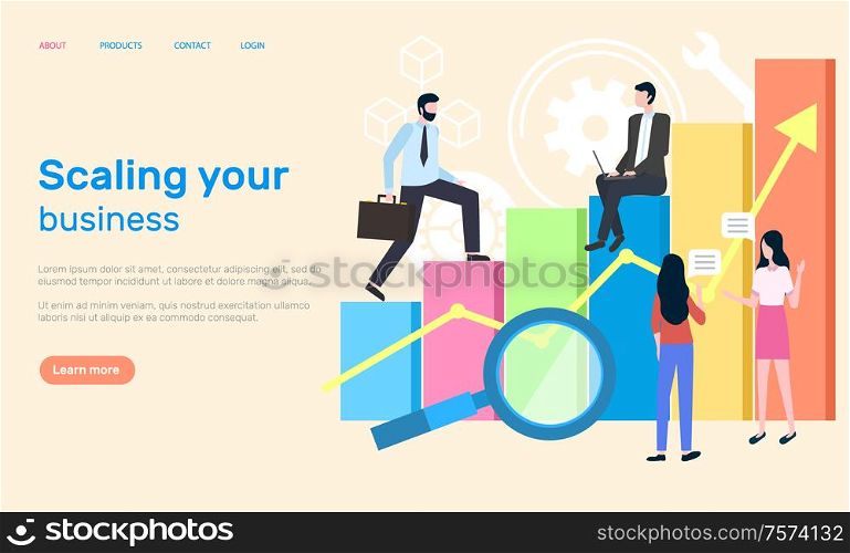 Scaling business people working in office website vector. Woman and man analyzing results from information and data about achievements and success. Webpage template landing page in flat. Scaling Business People Achieving Success at Work