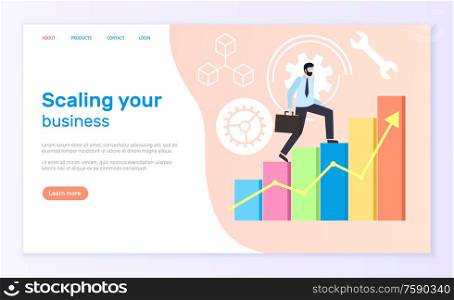 Scaling business worker with briefcase running up vector. Businessman and tools, successful time management. Gears and cogwheels process signs, infochart. Scaling Business Worker Successful Businessman