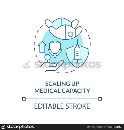 Scaling up medical capacity turquoise concept icon. World cooperation against covid abstract idea thin line illustration. Isolated outline drawing. Editable stroke. Arial, Myriad Pro-Bold fonts used. Scaling up medical capacity turquoise concept icon