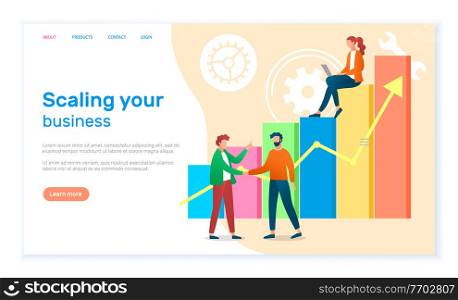 Scaling your business landing page template. Success, achievement, motivation business banner. Group of specialists develops a growth plan concept with businesswoman on graph columns and up arrow. Scaling your business landing page template. Success, achievement, motivation business banner