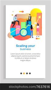 Scaling your business vector, man and woman working in field together, infochart with magnifying glass and person on infochart, successful work. Website or app slider template, landing page flat style. Scaling Your Business, Businessman on Infocharts
