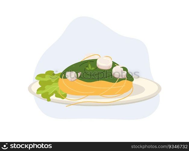 scallop cream pasta. spaghetti with pesto sauce and scallops is on the plate. cartoon vector illustration