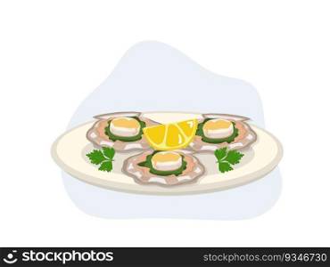 Scallops baked in a shell with cheese and pesto sauce. cartoon vector illustration