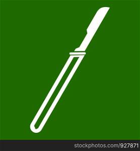 Scalpel icon white isolated on green background. Vector illustration. Scalpel icon green