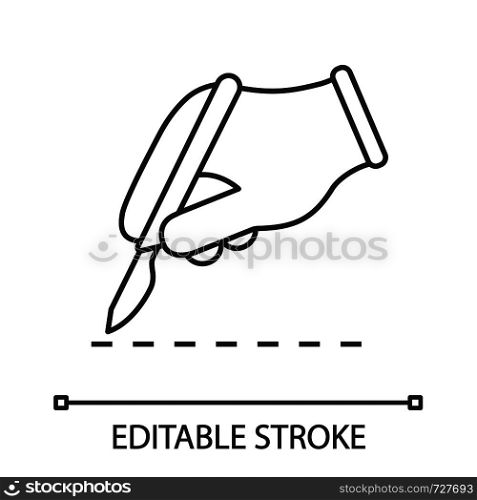 Scalpel skin incision linear icon. Plastic surgery. Thin line illustration. Surgical incision. Surgeon's hand. Contour symbol. Vector isolated outline drawing. Editable stroke. Scalpel skin incision linear icon