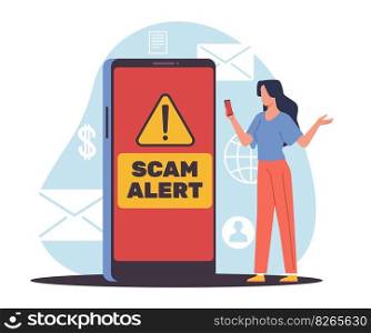Scam alert, cell phone message. Huge smartphone screen, persistent calls or software hacking. Network protection, hackers attack, cartoon flat style isolated illustration. Vector digital crime concept. Scam alert, cell phone message. Huge smartphone screen, persistent calls or software hacking. Network protection, hackers attack, cartoon flat style isolated vector digital crime concept