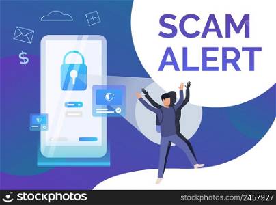Scam alert poster template. Hacker keeping hands up. Cybercrime failure concept. Vector illustration can be used for presentation, poster, landing page