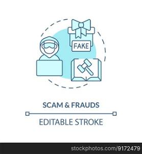Scam and frauds blue concept icon. Fraudulent activity online. Law and legal issue abstract idea thin line illustration. Isolated outline drawing. Editable stroke. Arial, Myriad Pro-Bold fonts used. Scam and frauds blue concept icon
