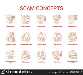 Scam concept icons set. Financial frauds types. Illegal activities, cybercrimes. Criminal earnings. Dishonest schemes idea thin line illustrations. Vector isolated outline drawings