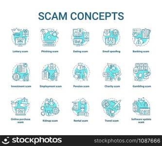 Scam concept icons set. Financial frauds types. Illegal activities, cybercrimes. Criminal earnings. Dishonest schemes idea thin line illustrations. Vector isolated outline drawings. Editable stroke
