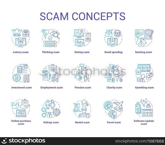 Scam concept icons set. Financial frauds types. Illegal activities, phishing and cybercrimes. Dishonest schemes idea thin line illustrations. Vector isolated outline drawings