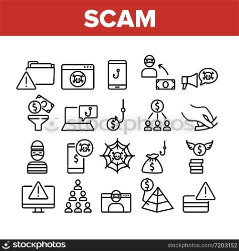 Scam Finance Criminal Collection Icons Set Vector. Internet And Mobile Phone Scam, Computer Screen And Folder, Dollar Banknote And Coin Concept Linear Pictograms. Monochrome Contour Illustrations. Scam Finance Criminal Collection Icons Set Vector