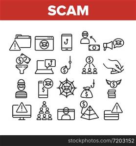 Scam Finance Criminal Collection Icons Set Vector. Internet And Mobile Phone Scam, Computer Screen And Folder, Dollar Banknote And Coin Concept Linear Pictograms. Monochrome Contour Illustrations. Scam Finance Criminal Collection Icons Set Vector