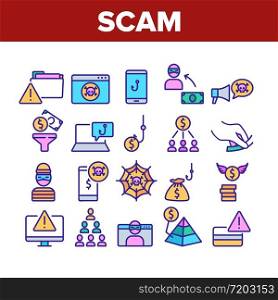 Scam Finance Criminal Collection Icons Set Vector. Internet And Mobile Phone Scam, Computer Screen And Folder, Dollar Banknote And Coin Concept Linear Pictograms. Color Illustrations. Scam Finance Criminal Collection Icons Set Vector