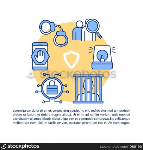 Scam prevention article page vector template. Fraud protection brochure, magazine, booklet design element with linear icons. Stopping illegal actions. Print design. Concept illustrations with text