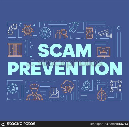 Scam prevention blue word concepts banner. Fraud protection presentation, website. Stopping illegal actions. Isolated lettering typography idea with linear icons. Vector outline illustration