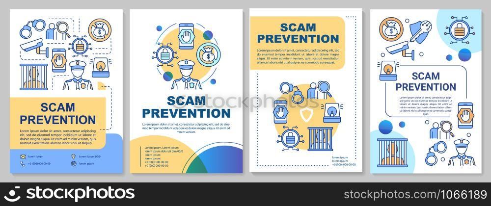 Scam prevention brochure template. Fraud protection flyer, booklet, leaflet, cover design with linear illustrations. Stopping illegal actions. Vector page layouts for magazines, advertising posters