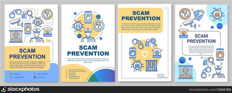 Scam prevention brochure template. Fraud protection flyer, booklet, leaflet, cover design with linear illustrations. Stopping illegal actions. Vector page layouts for magazines, advertising posters