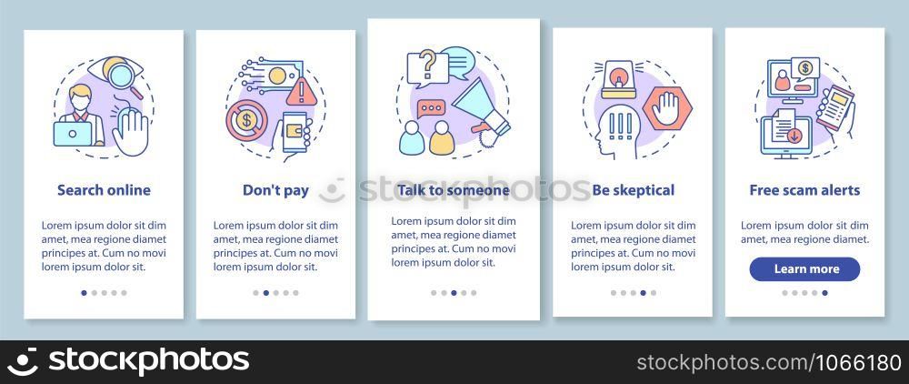 Scam prevention onboarding mobile app page screen with linear concepts. Search online. Five walkthrough steps graphic instructions. Free scam alerts. UX, UI, GUI vector template with illustrations
