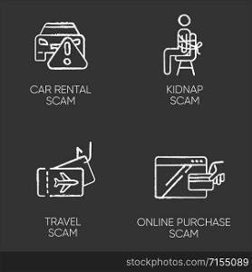 Scam types chalk icons set. Car rental, online purchase fraudulent scheme. Kidnap, travel trick. Cybercrime. Financial scamming. Illegal money gain. Isolated vector chalkboard illustrations