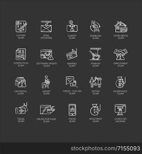 Scam types chalk icons set. Malware. Investment, rental schemes. Phishing tricks. Cybercrime. Malicious activities. Financial fraud. Illegal money gain. Isolated vector chalkboard illustrations