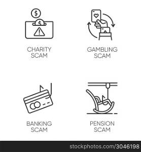 Scam types linear icons set. Charity, pension fraudulent scheme. Gambling, banking trick. Financial scamming. Thin line contour symbols. Isolated vector outline illustrations. Editable stroke