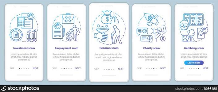 Scam types onboarding mobile app page screen vector template. Investment and employment fraud. Walkthrough website steps with linear illustrations. UX, UI, GUI smartphone interface concept