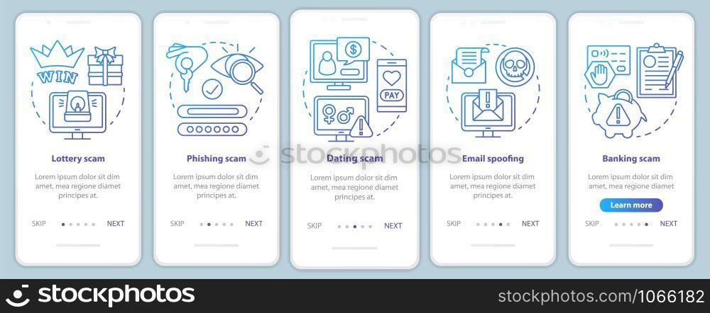 Scam types onboarding mobile app page screen vector template. Walkthrough website steps with linear illustrations. Lottery scam. UX, UI, GUI smartphone interface concept