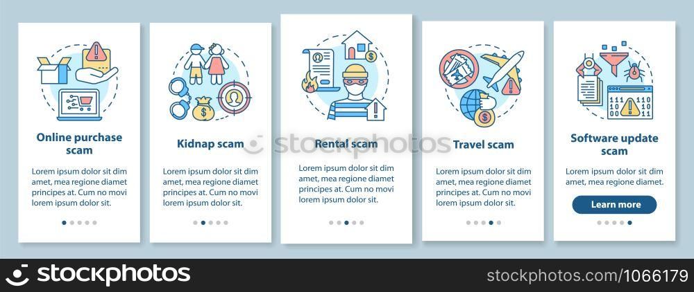 Scam types onboarding mobile app page screen with linear concepts. Five walkthrough steps graphic instructions. Online purchase and rental fraud. UX, UI, GUI vector template with illustrations