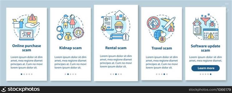 Scam types onboarding mobile app page screen with linear concepts. Five walkthrough steps graphic instructions. Online purchase and rental fraud. UX, UI, GUI vector template with illustrations