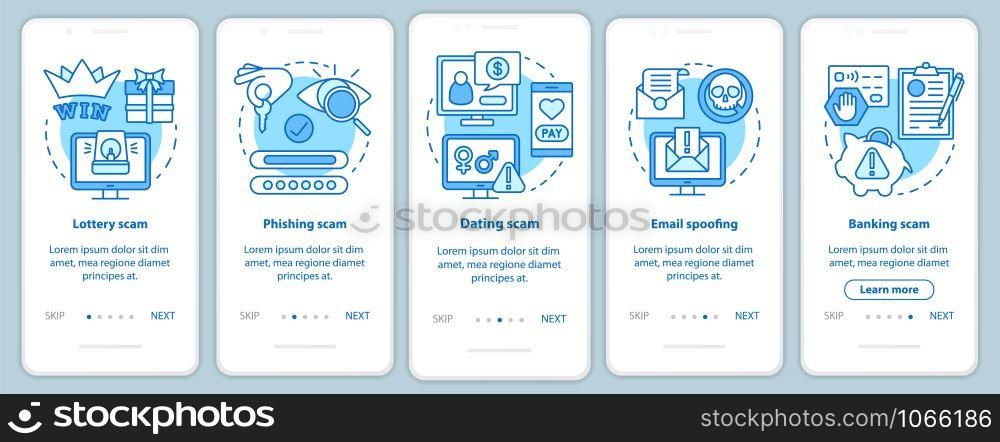 Scam types onboarding mobile app page screen with linear concepts. Five walkthrough steps graphic instructions. Lottery, dating scam. Email spoofing. UX, UI, GUI vector template with illustrations