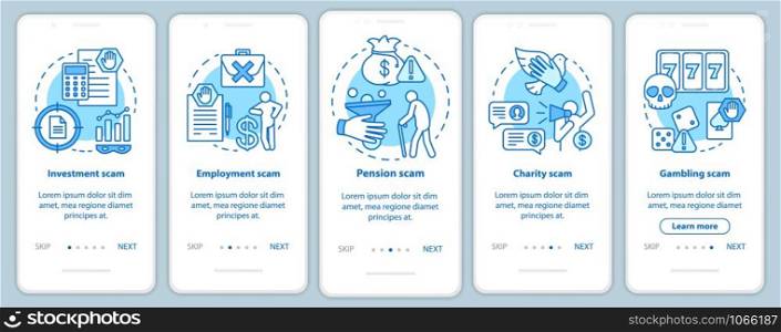 Scam types onboarding mobile app page screen with linear concepts. Five walkthrough steps graphic instructions. Investment and pension fraud. UX, UI, GUI vector template with illustrations