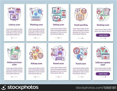 Scam types onboarding mobile app page screen with linear concepts. Ten walkthrough steps graphic instructions. Travel, banking scam. Email spoofing. UX, UI, GUI vector template with illustrations