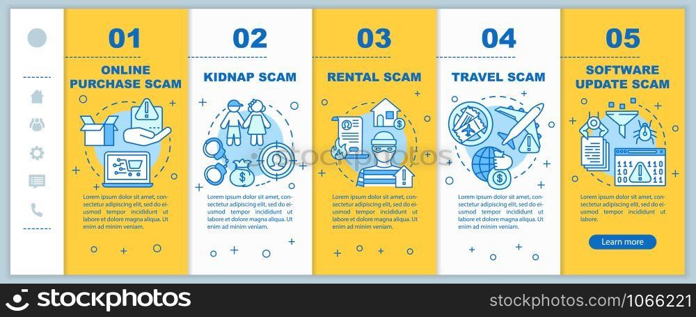 Scam types onboarding mobile web pages vector template. Responsive smartphone website interface idea with linear illustrations. Online purchase scam. Webpage walkthrough step screens. Color concept