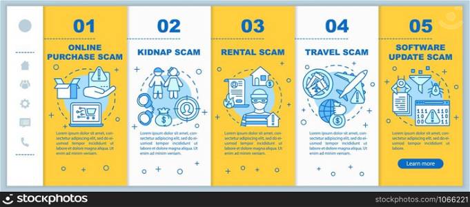 Scam types onboarding mobile web pages vector template. Responsive smartphone website interface idea with linear illustrations. Online purchase scam. Webpage walkthrough step screens. Color concept