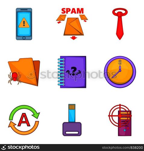 Scammer icons set. Cartoon set of 9 scammer vector icons for web isolated on white background. Scammer icons set, cartoon style