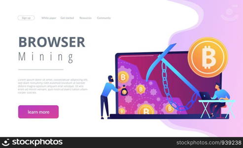 Scammer in mask stealing cryptocurrency from mining pool on laptop. Hidden mining, miner bot and mining virus concept on white background. Website vibrant violet landing web page template.. Hidden mining concept landing page.