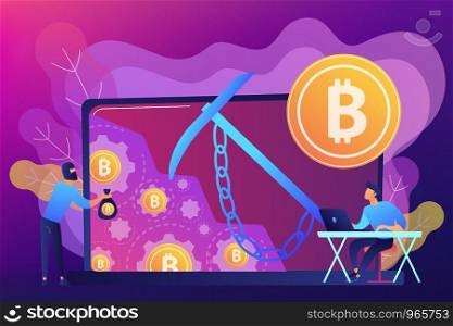Scammer in mask stealing cryptocurrency from mining pool on laptop. Hidden mining, miner bot and mining virus concept on ultraviolet background. Bright vibrant violet vector isolated illustration. Hidden mining concept vector illustration.