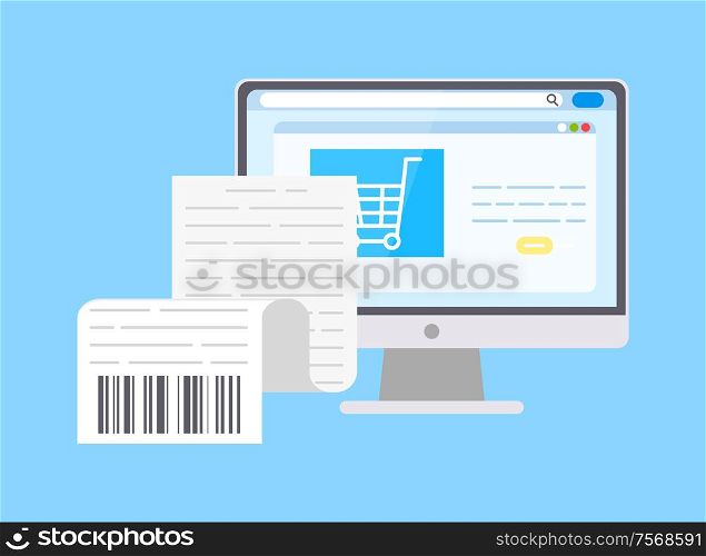 Scan code on paper, receipt and computer screen vector. Isolated icons of qr from shopping, trolley cart online purchasing of items and order confirmation. Scan Code on Paper Receipt Bill, Computer Screen